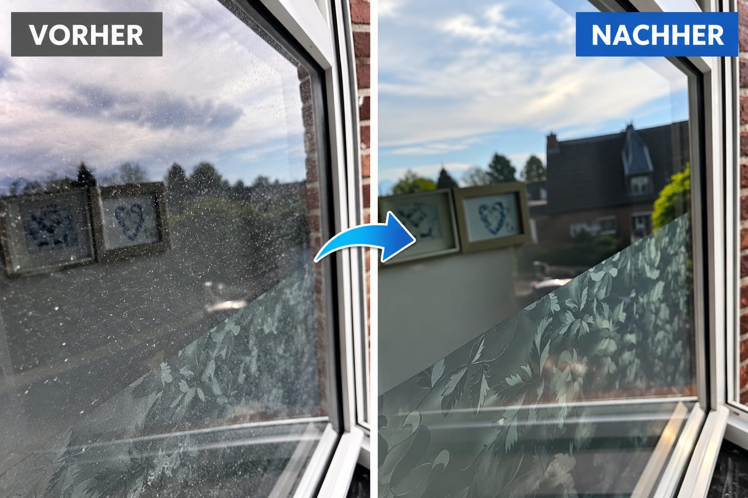 Vorher-Nachher-Vergleich einer Fensterscheibe: links sichtbare Verschmutzungen, rechts die gereinigte Glasfläche.