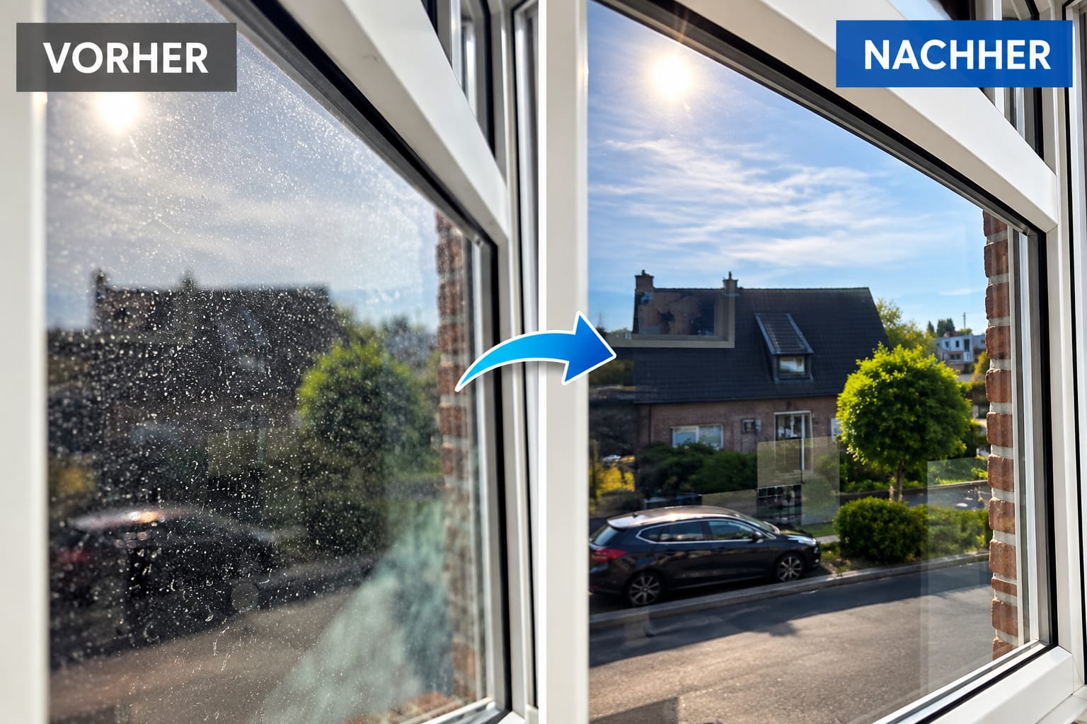 Fenster vor und nach der Reinigung: links Flecken auf dem Glas, rechts klare Sicht durch die gereinigte Scheibe.